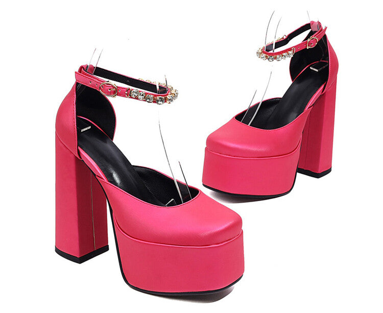 Women's Solid Color Round Toe Chunky Heel Ankle Strap Rhinestone High Heels Platform Sandals