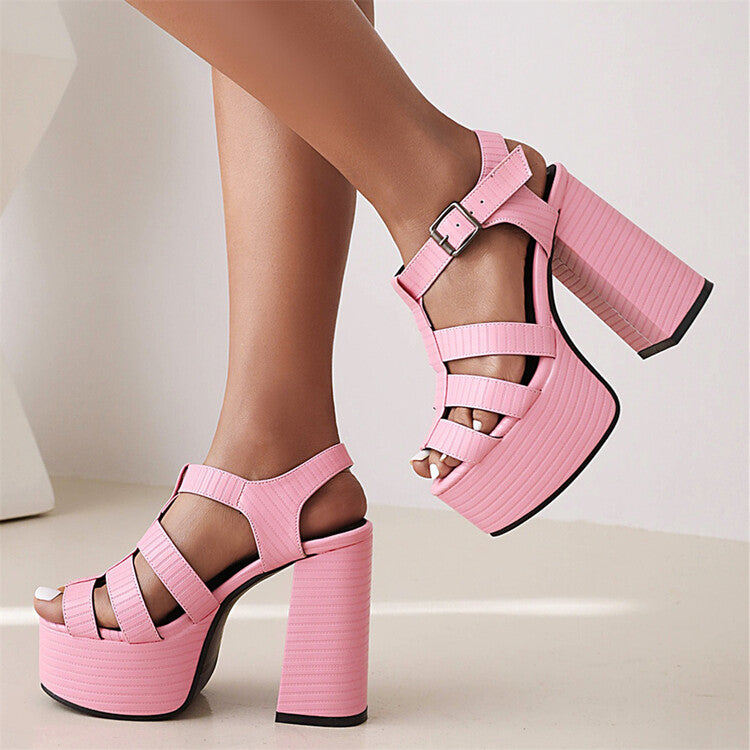 Women's Solid Color Roman Style Thick Sole Block Heel Platform Sandals