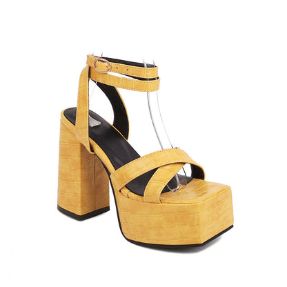 Women's Printed Ankle Strap Square Toe Thick Sole Block Heel Platform Sandals