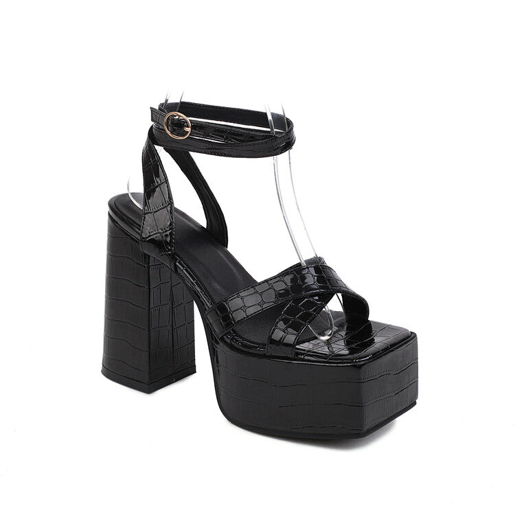 Women's Printed Ankle Strap Square Toe Thick Sole Block Heel Platform Sandals