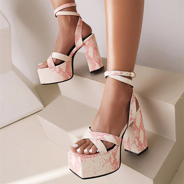 Women's Printed Ankle Strap Square Toe Thick Sole Block Heel Platform Sandals