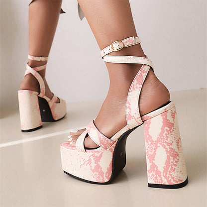 Women's Printed Ankle Strap Square Toe Thick Sole Block Heel Platform Sandals