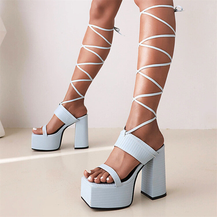 Women's Square Toe Cross Narrow Straps Ankle Strap Thick Sole Block Heel Platform Sandals