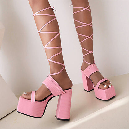 Women's Square Toe Cross Narrow Straps Ankle Strap Thick Sole Block Heel Platform Sandals