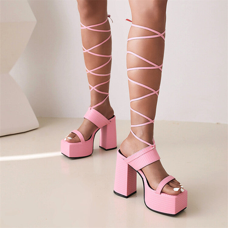 Women's Square Toe Cross Narrow Straps Ankle Strap Thick Sole Block Heel Platform Sandals