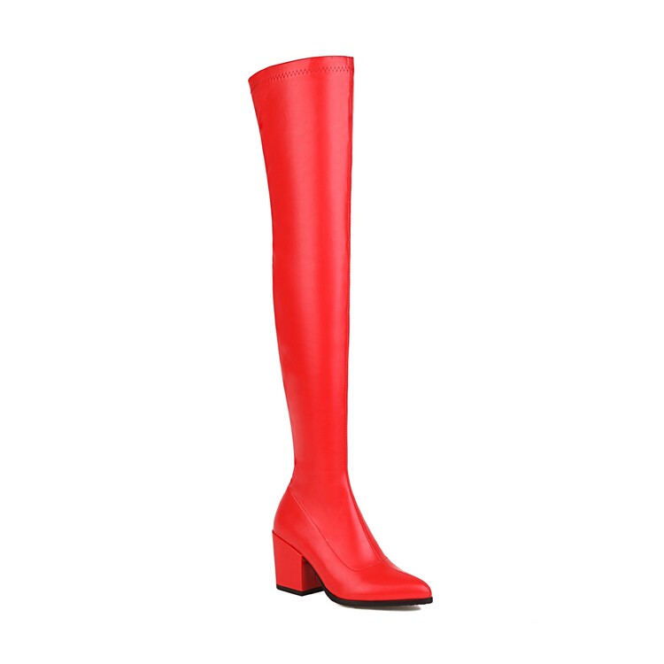 Women's Pu Leather Pointed Toe Side Zippers Block Heel Over the Knee Boots