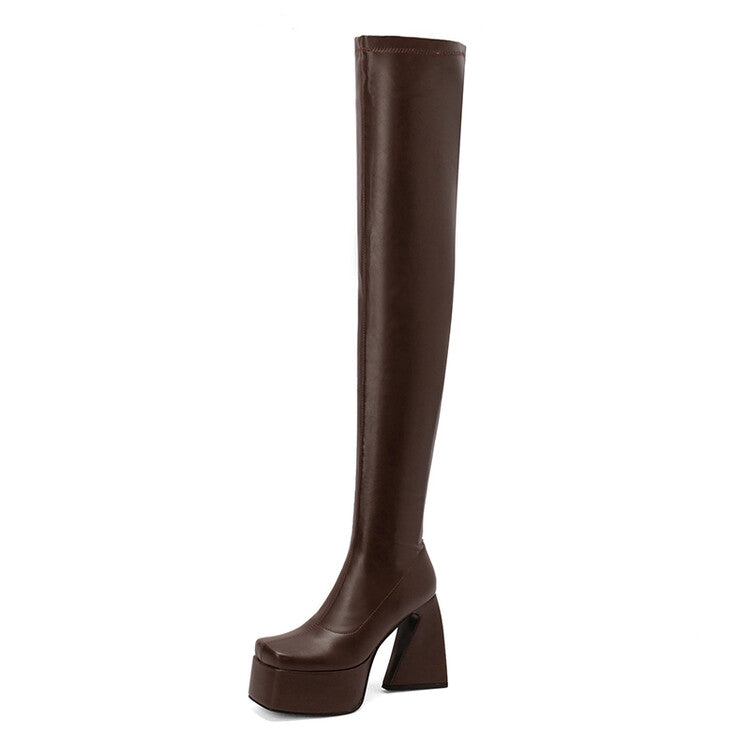 Women's Pu Leather Side Zippers Chunky Heel Platform Over the Knee Boots