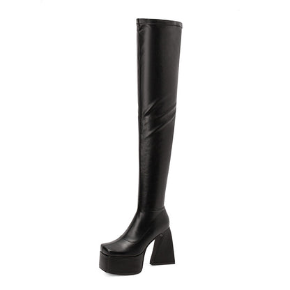 Women's Pu Leather Side Zippers Chunky Heel Platform Over the Knee Boots