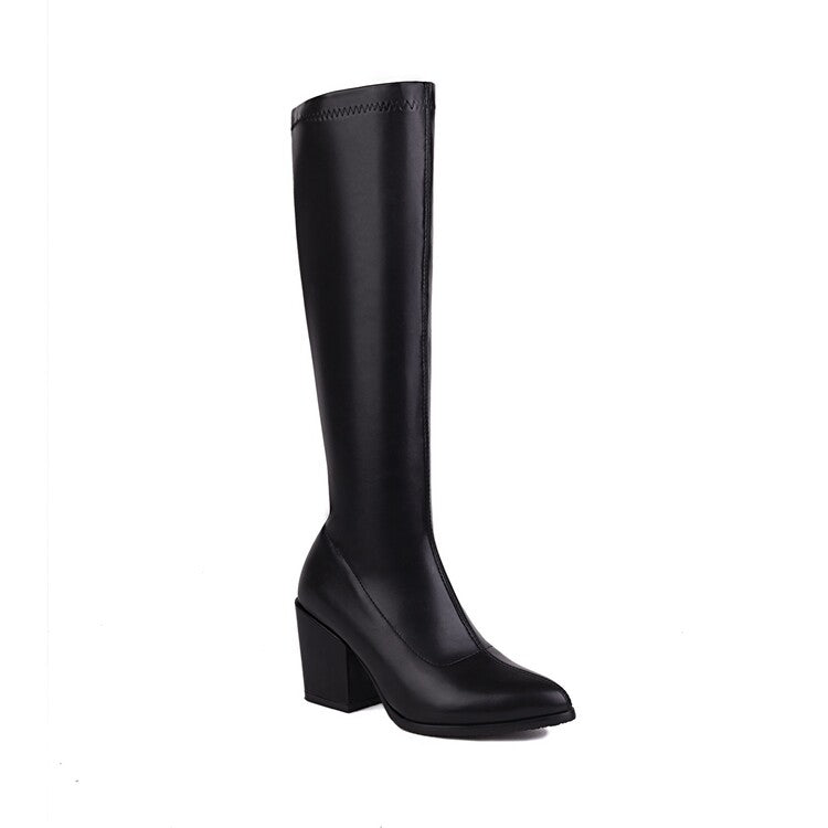 Women's Pu Leather Pointed Toe Side Zippers Block Heel Knee High Boots