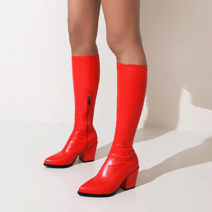 Women's Pu Leather Pointed Toe Side Zippers Block Heel Knee High Boots