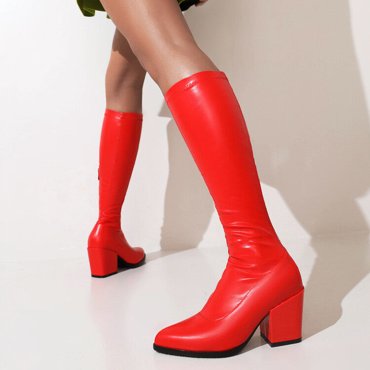 Women's Pu Leather Pointed Toe Side Zippers Block Heel Knee High Boots