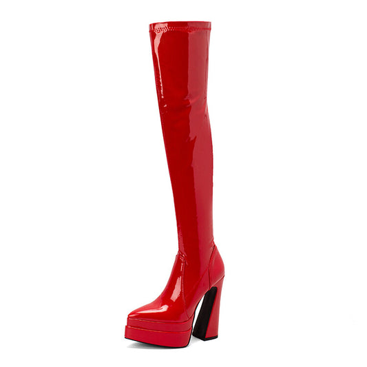 Women's Glossy Pointed Toe Side Zippers Chunky Heel Platform Over the Knee Boots