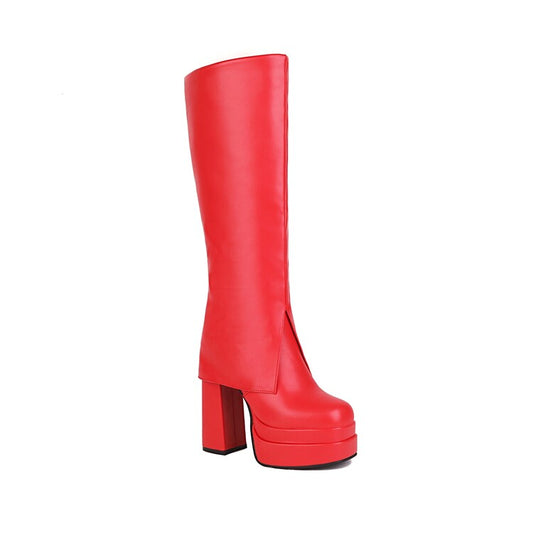 Women's Fold Pu Leather Block Heel Platform Knee High Boots