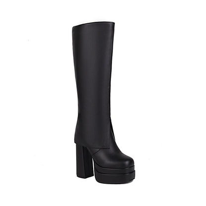 Women's Fold Pu Leather Block Heel Platform Knee High Boots