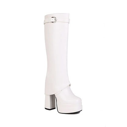 Women's Fold Pu Leather Square Toe Block Heel Platform Knee High Boots