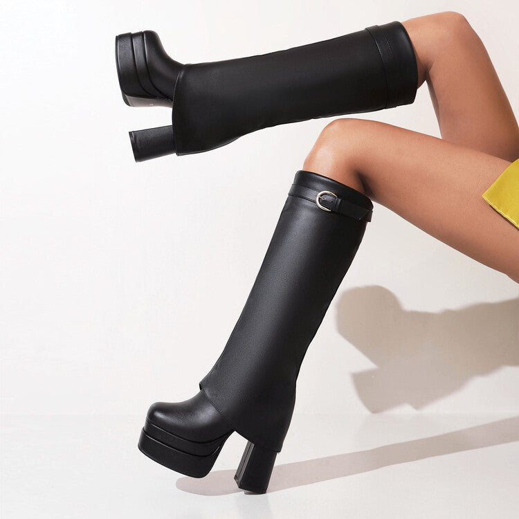 Women's Fold Pu Leather Square Toe Block Heel Platform Knee High Boots