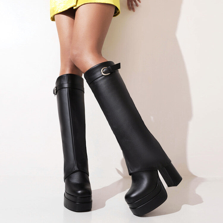 Women's Fold Pu Leather Square Toe Block Heel Platform Knee High Boots