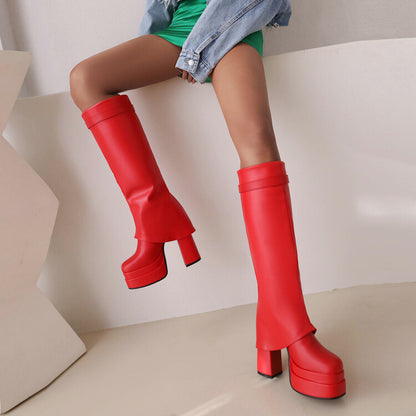 Women's Fold Pu Leather Square Toe Block Heel Platform Knee High Boots