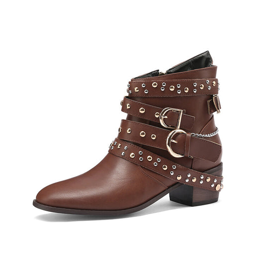 Women's Rivets Buckle Straps Side Zippers Puppy Heel Cowboy Short Boots