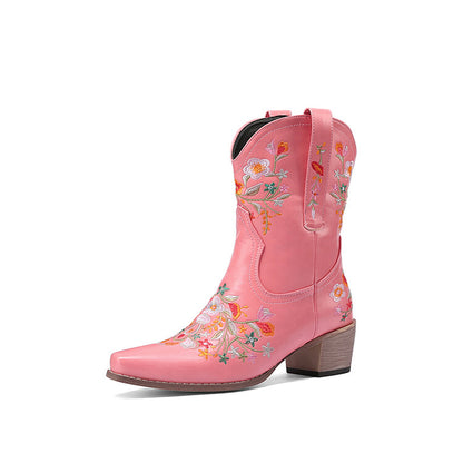 Women's Pu Leather Pointed Toe Floral Embroidery Puppy Heel Cowboy Short Boots