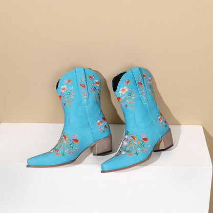 Women's Pu Leather Pointed Toe Floral Embroidery Puppy Heel Cowboy Short Boots