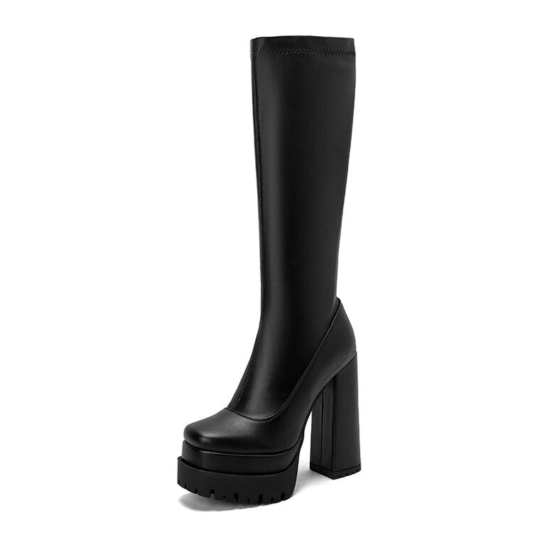 Women's Pu Leather Side Zippers Platform Block Heel Knee High Boots