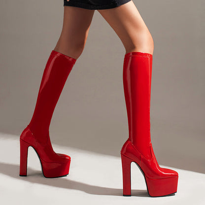 Women's Glossy Square Toe Stitching Platform Block Heel Knee High Boots