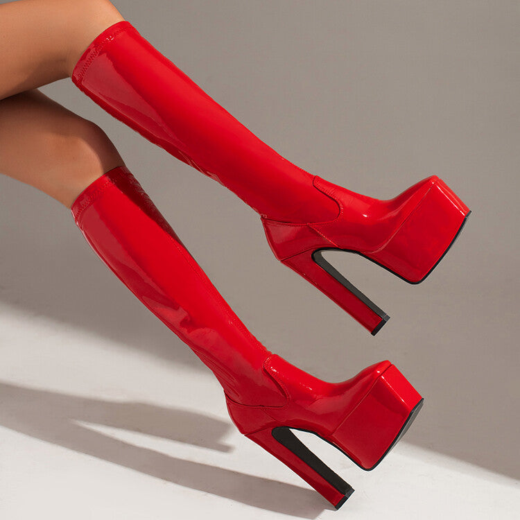 Women's Glossy Square Toe Stitching Platform Block Heel Knee High Boots