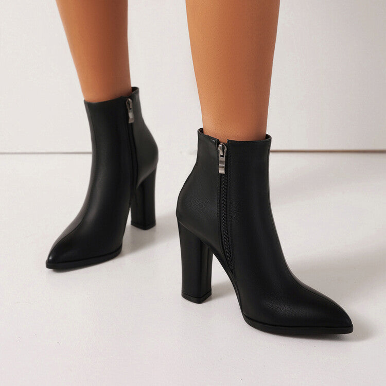 Women's Pu Leather Pointed Toe Side Zippers Chunky Heel Short Boots