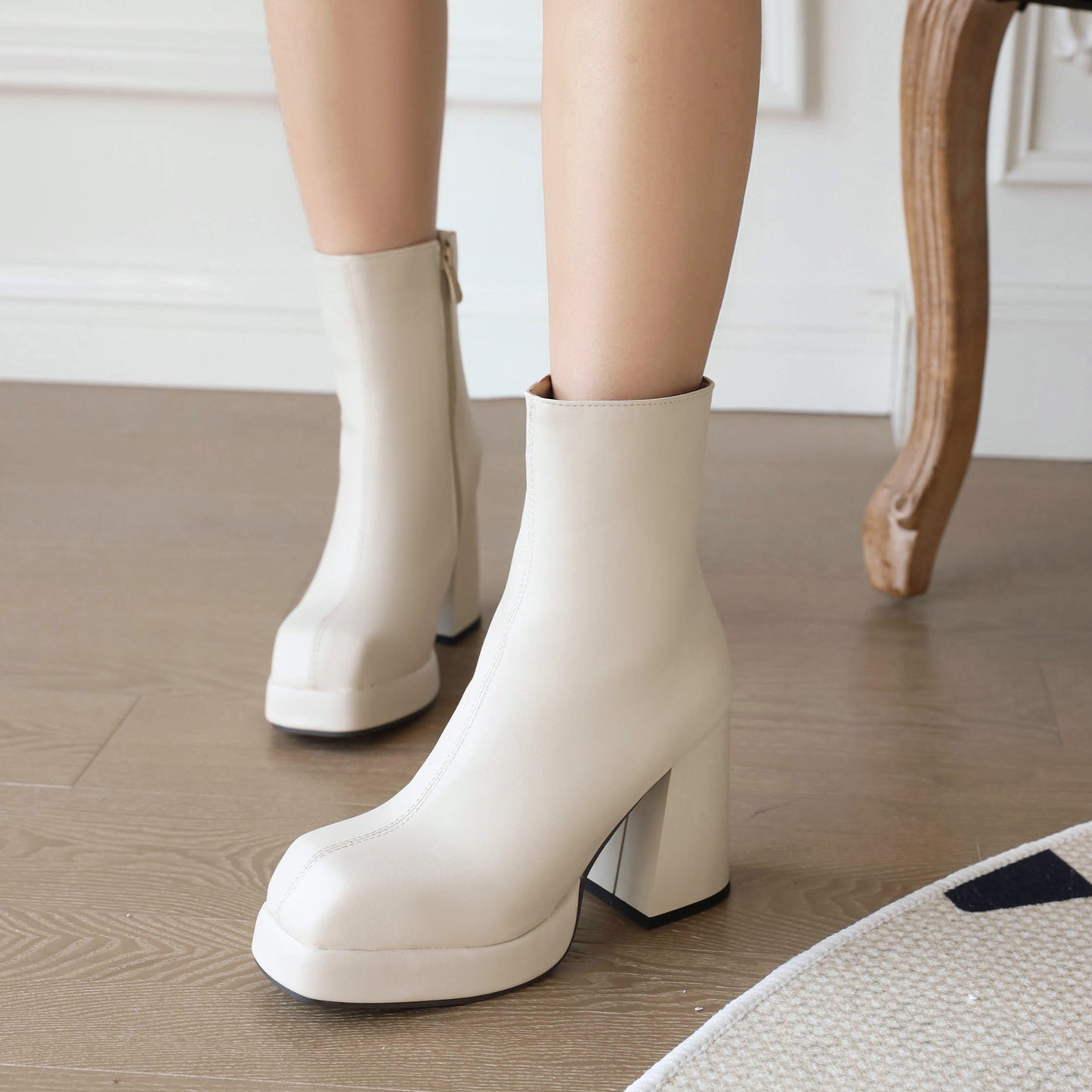 Women's Square Toe Side Zippers Block Heel Platform Short Boots