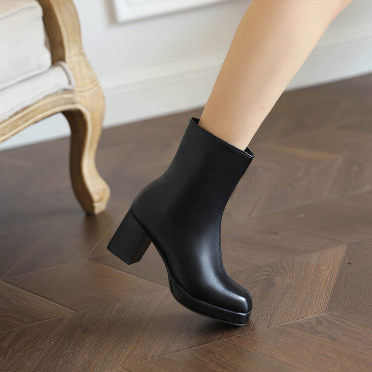 Women's Square Toe Side Zippers Block Heel Platform Short Boots