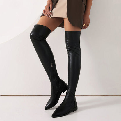 Women's Pu Leather Pointed Toe Side Zippers Over The Knee Puppy Heel High Boots