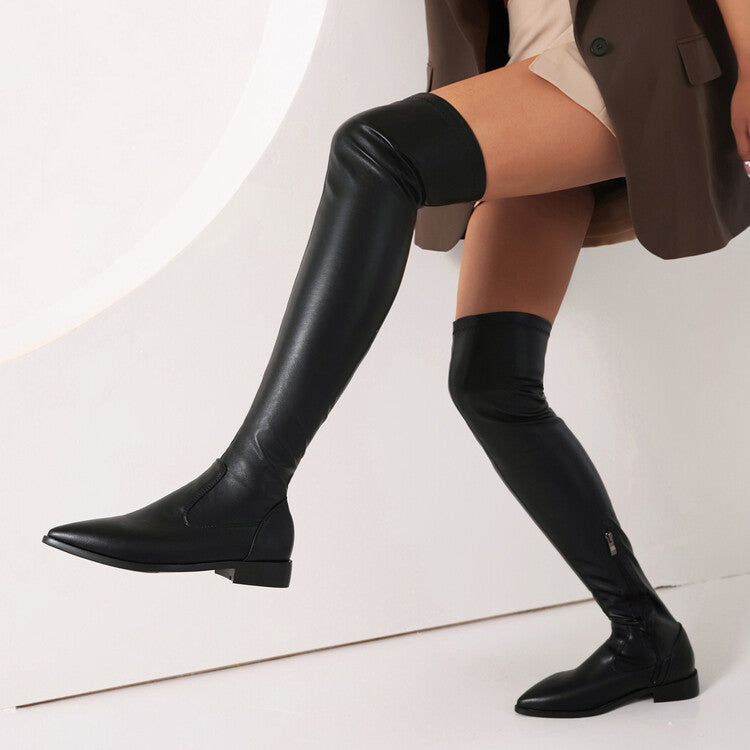 Women's Pu Leather Pointed Toe Side Zippers Over The Knee Puppy Heel High Boots