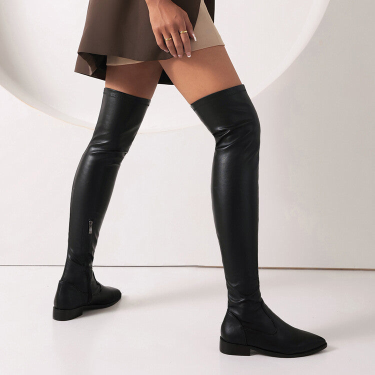 Women's Pu Leather Pointed Toe Side Zippers Over The Knee Puppy Heel High Boots
