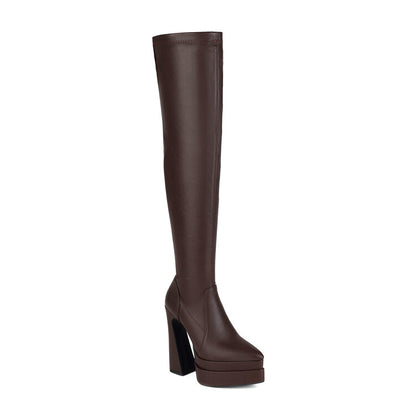 Women's Pu Leather Side Zippers Chunky Heel Platform Over the Knee Boots