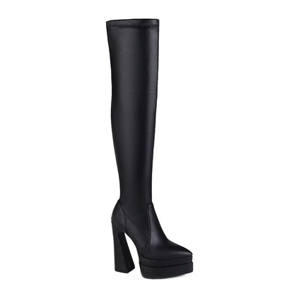 Women's Pu Leather Side Zippers Chunky Heel Platform Over the Knee Boots