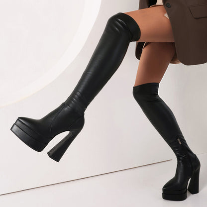 Women's Pu Leather Side Zippers Chunky Heel Platform Over the Knee Boots