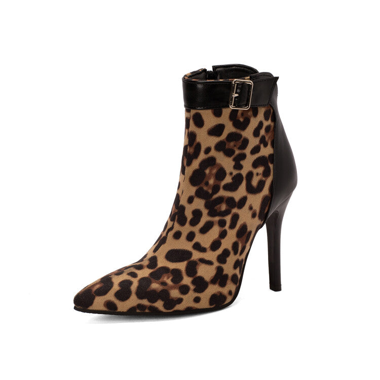 Women's Leopard Print Pointed Toe Buckle Stiletto Heel Short Boots