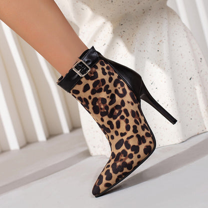 Women's Leopard Print Pointed Toe Buckle Stiletto Heel Short Boots