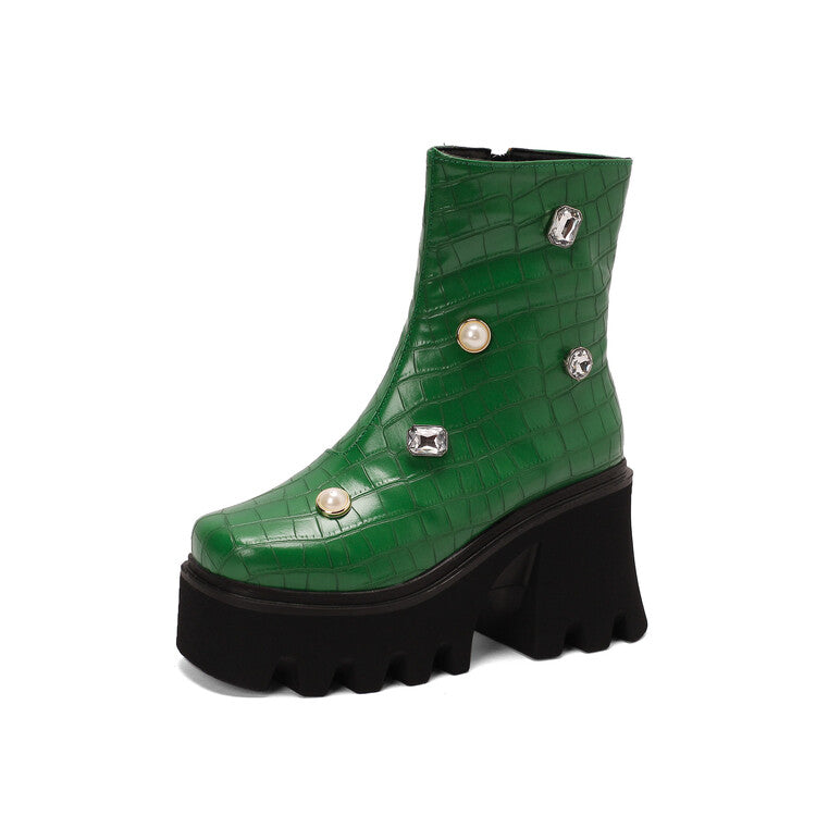 Women's Crocodile Pattern Pearls Rhinestone Block Heel Platform Short Boots