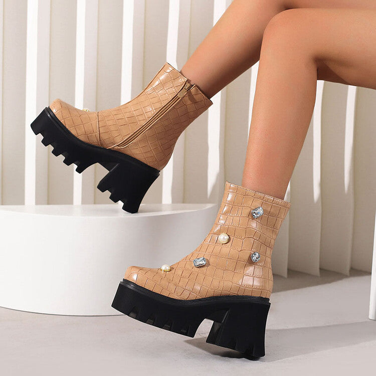 Women's Crocodile Pattern Pearls Rhinestone Block Heel Platform Short Boots