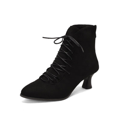 Women's Lattice Pointed Toe Lace Up Kitten Heel Short Boots