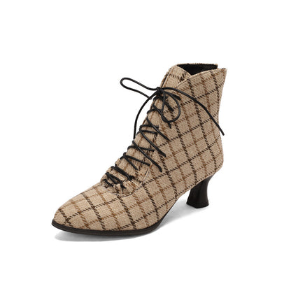 Women's Lattice Pointed Toe Lace Up Kitten Heel Short Boots