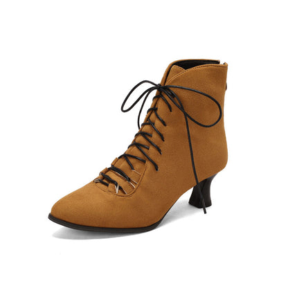 Women's Lattice Pointed Toe Lace Up Kitten Heel Short Boots