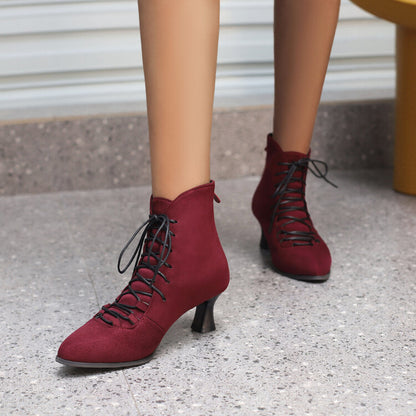 Women's Lattice Pointed Toe Lace Up Kitten Heel Short Boots