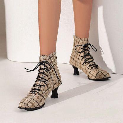 Women's Lattice Pointed Toe Lace Up Kitten Heel Short Boots