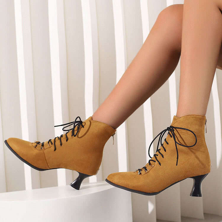 Women's Lattice Pointed Toe Lace Up Kitten Heel Short Boots