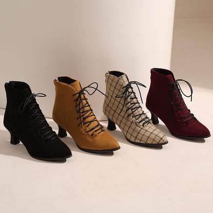 Women's Lattice Pointed Toe Lace Up Kitten Heel Short Boots