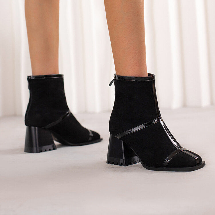 Women's Flock Square Toe Block Heel Short Boots