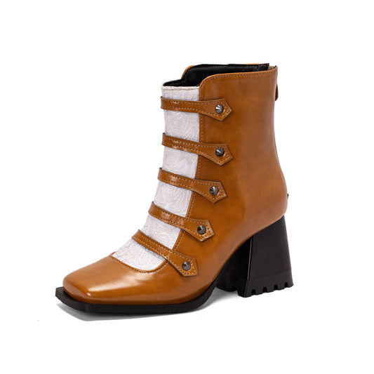 Women's Embossed Leather Rivets Block Heel Short Boots